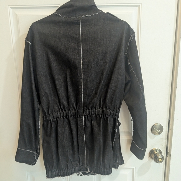 Norma Kamali Black Long Line Raw Hem Zip Up Denim Jacket - Picture 4 of 4